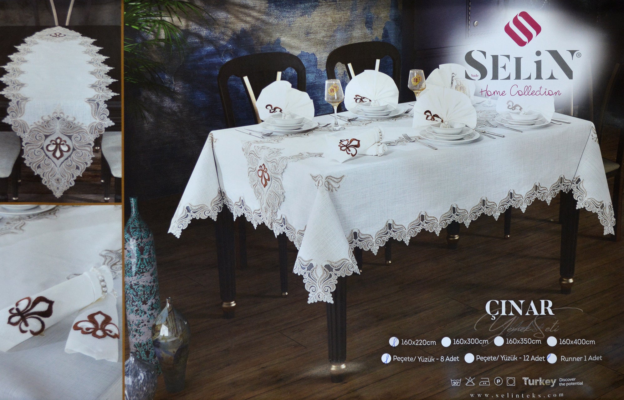 Лляна скатертина з ранером Selin Cinar Set 160×220+12 серветок кремова