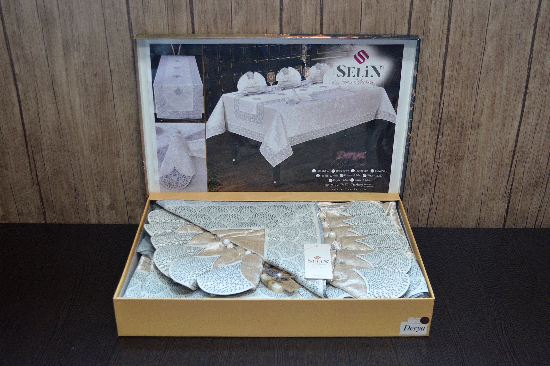 Велюрова скатертина з ранером Selin Derya Set 160x300 см.+12 серветок - Бежевий
