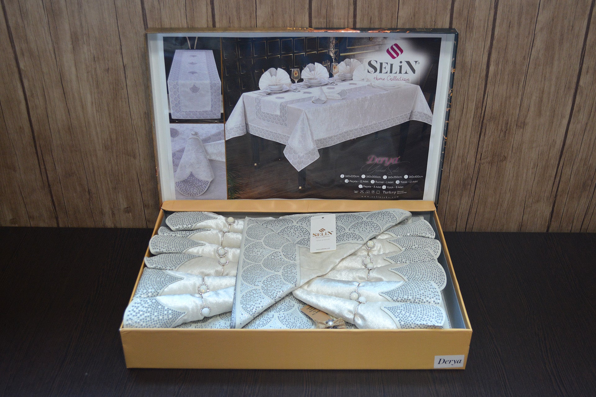 Велюрова скатертина з ранером Selin Derya Set 160x300 см.+12 серветок - Кремовий