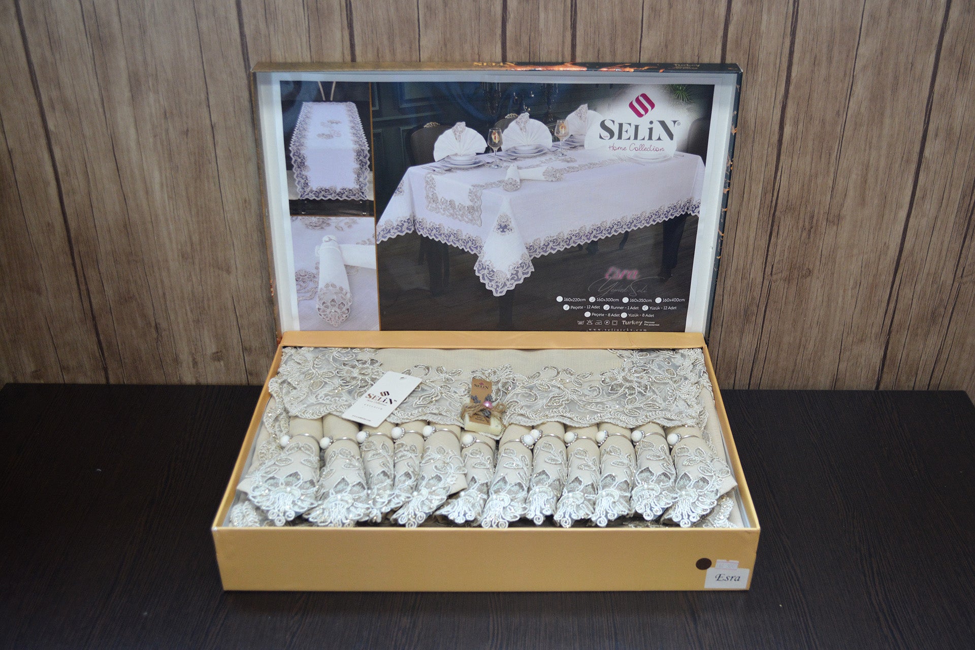 Лляна скатертина з ранером Selin Esra Set 160x350 см.+12 серветок - Бежевий