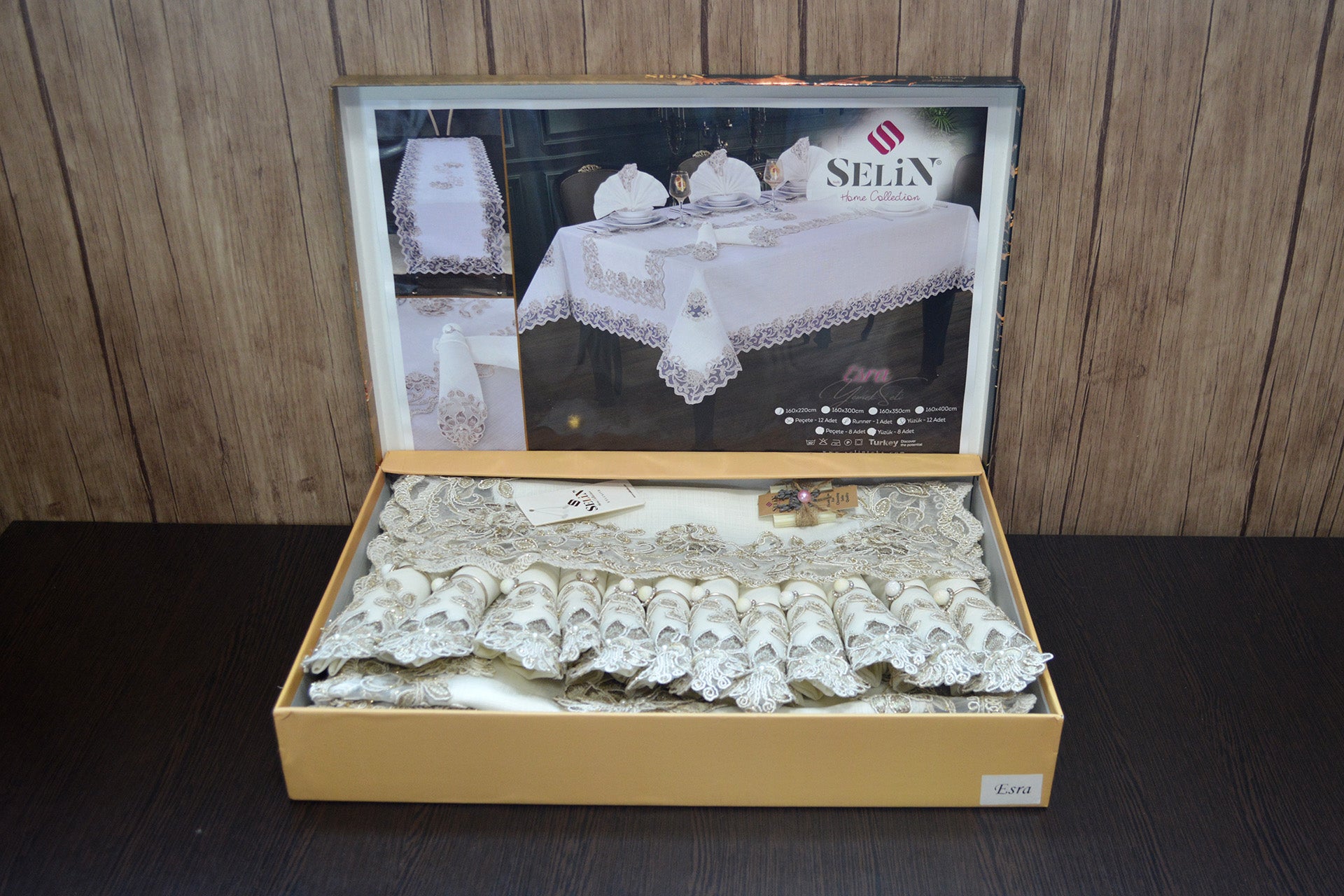Лляна скатертина з ранером Selin Esra Set 160x300 см.+12 серветок - Кремовий