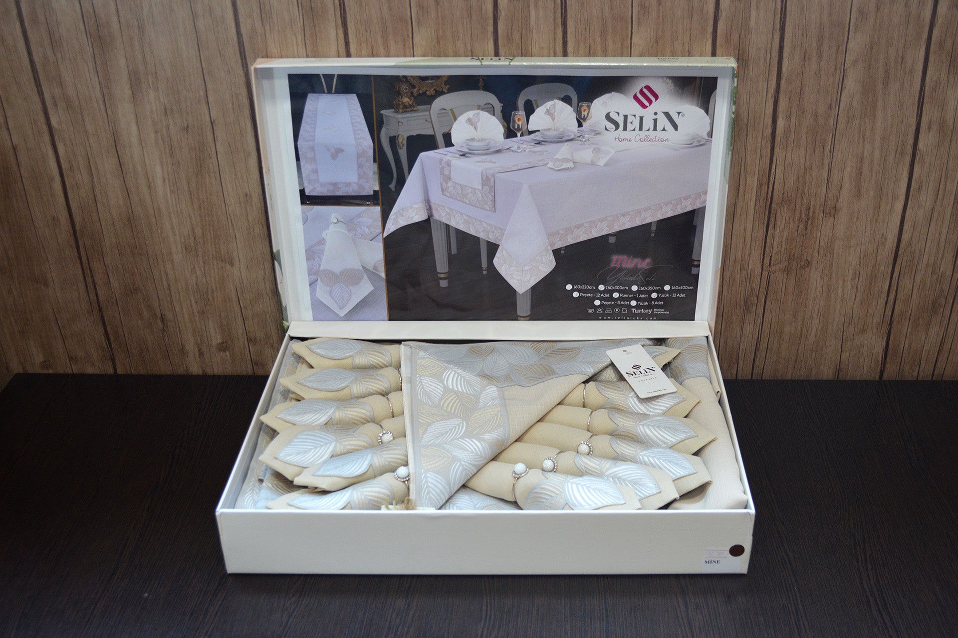 Лляна скатертина з ранером Selin Mine Set 160x350 см.+12 серветок - Бежевий