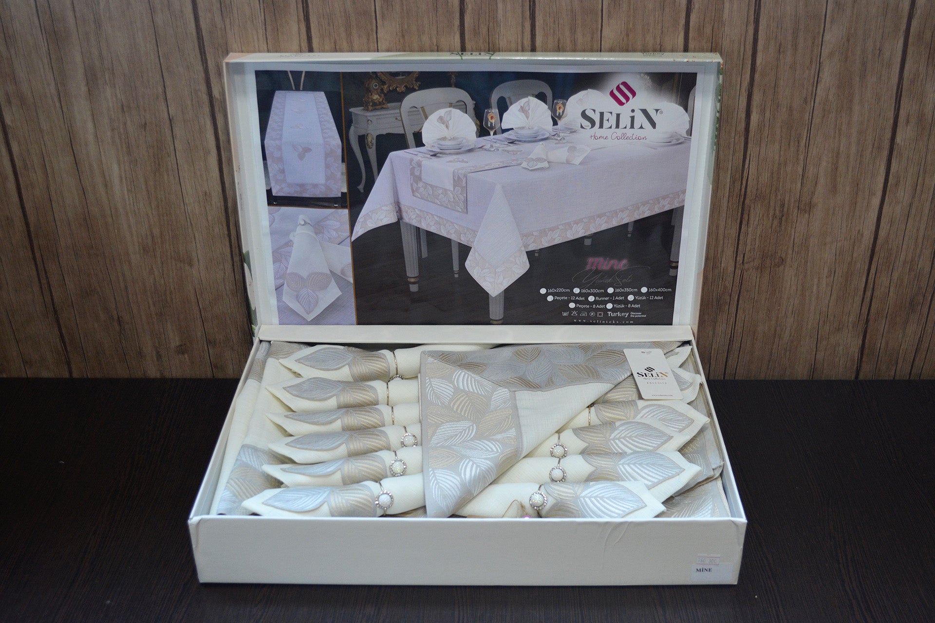 Лляна скатертина з ранером Selin Mine Set 160x220 см.+8 серветок - Кремовий