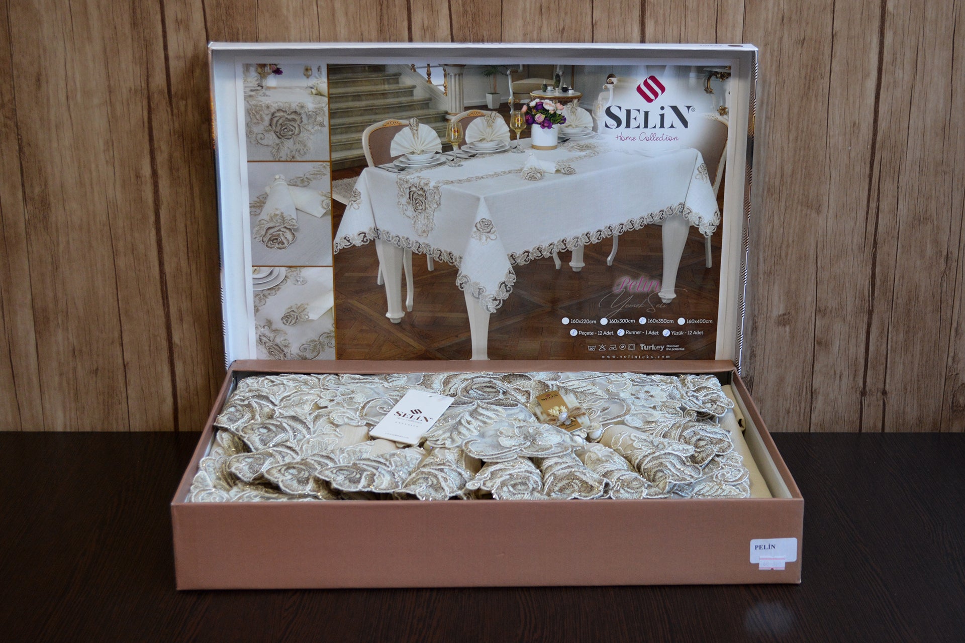 Лляна скатертина з ранером Selin Pelin Set 160×350+12 серветок - Бежевий