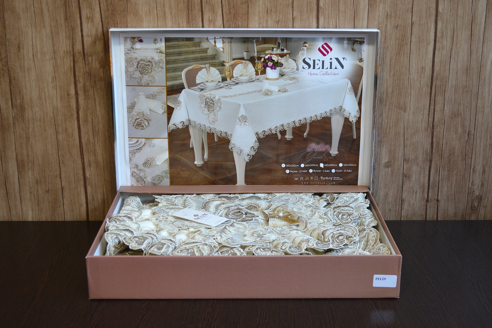 Лляна скатертина з ранером Selin Pelin Set 160×300+12 серветок - Кремовий