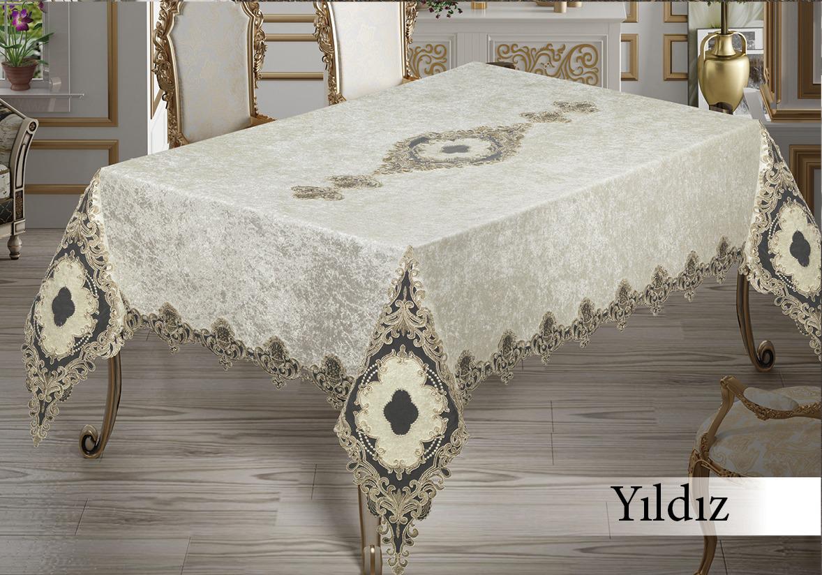 Велюрова скатертина з мереживом Maison 160×350 см Yildiz бежева