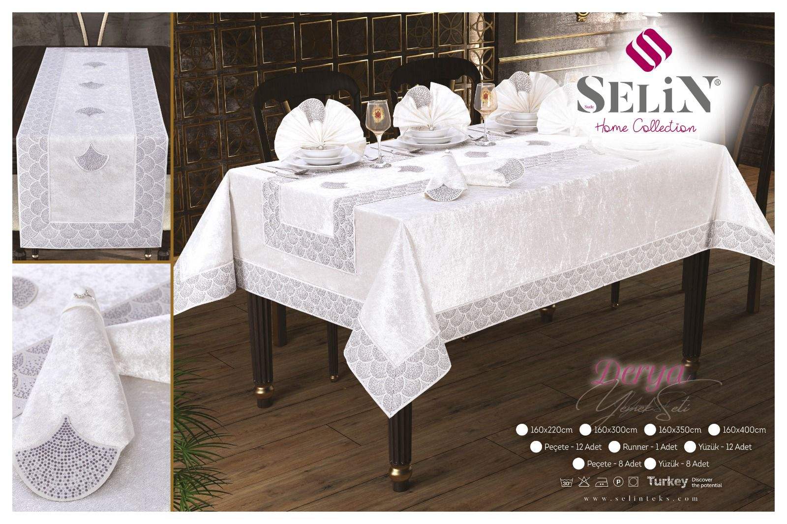 Велюрова скатертина з ранером Selin Derya Set 160x220 см.+8 серветок кремова